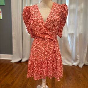 LoveColette red white floral puff sleeve dress women size medium LNC